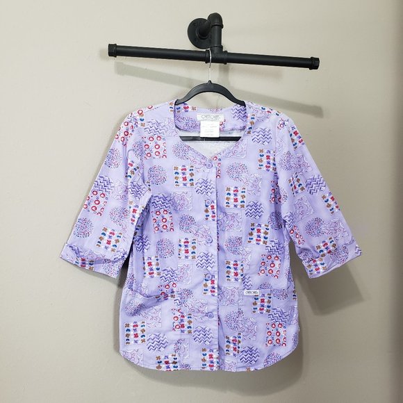 Cherokee Lavender Purple Floral Patch Button Down Scrub Top XS - Picture 1 of 8